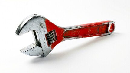 Used Adjustable Wrench with Red Handle on White Background
