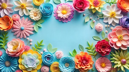 Frame of colorful handmade paper flowers on light blue background