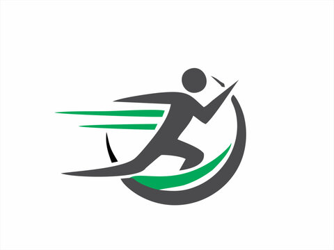 Running man logo design, dynamic sprinter icon for sports and fitness brand.