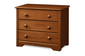 Wooden dresser offering three storage drawers for home bedroom or living room organization, transparent background