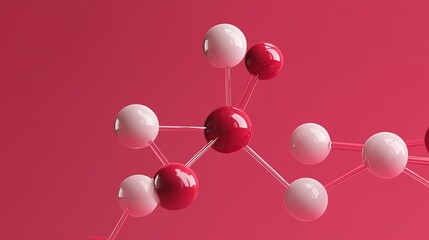 A simple abstract model of a chemical structure with white and red spheres on a pink background for modern science concepts