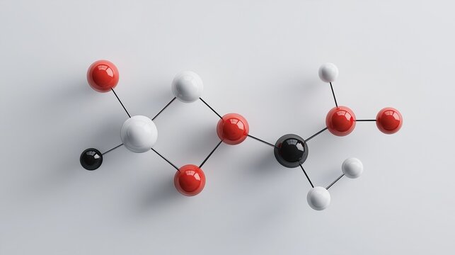White, red, and black model molecules on a light gray background with copy space for science or molecular structure designs - Powered by Adobe