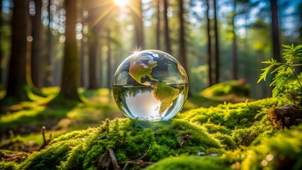 Crystal globe with Earth on moss in sunlit forest, symbolizing nature conservation