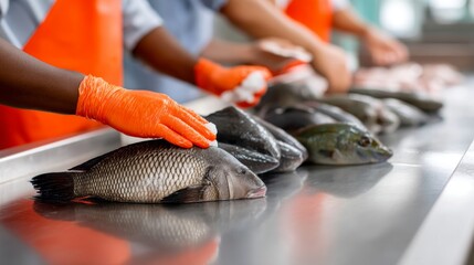 Precise Fish Cleaning Process in Seafood Facility | Gloves, Stainless Steel Table, Close-up Shot, Selective Focus, Environmental Composition