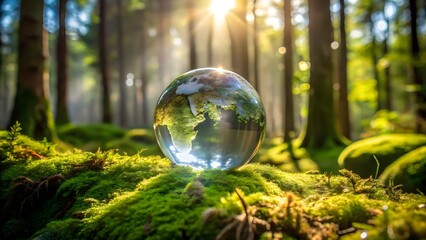 Crystal globe with Earth on moss in sunlit forest, symbolizing nature conservation