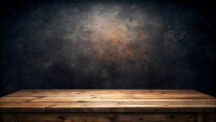 Rustic wooden table against dark textured wall, ideal for product montage