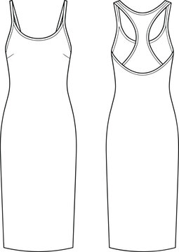 Sleeveless bodycon dress front and back view technical fashion illustration with racerback design black outline vector template