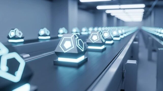 Futuristic conveyor belt carrying glowing, geometric objects in a modern factory setting.