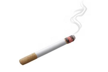 Burning cigarette with rising smoke representing addiction, health risk, and tobacco use on transparent background