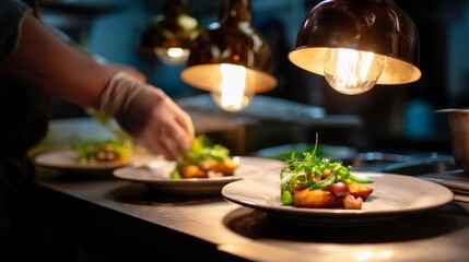 Culinary Artistry: Chef Plating Gourmet Seafood with Warm Studio Lighting in Fine Dining Kitchen, Back View, Bokeh Effect, Minimal Composition