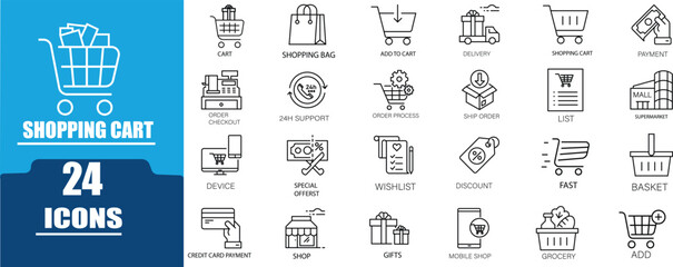 Shopping Cart  Line Icons Set .Contain icons related to shopping Cart, shoppingBag, Basket, supermarket and more. Editable stroke. Vector illustration