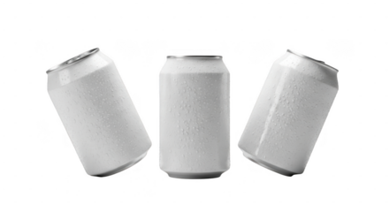 Three empty white soda cans isolated on transparent background