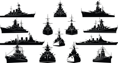 battleship silhouettes, naval vessels, warship icons, military ships, black outline, ship profiles, side view, front view, grid layout, maritime design © Rima