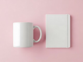 Blank White Coffee Mug and Notebook Branding Mockup Scene, Clean Minimalist Design on Solid Color Background