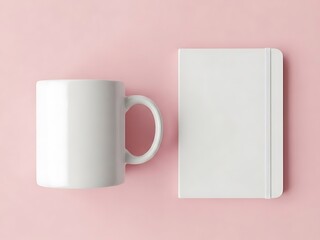 Blank White Coffee Mug and Notebook Branding Mockup Scene, Clean Minimalist Design on Solid Color Background