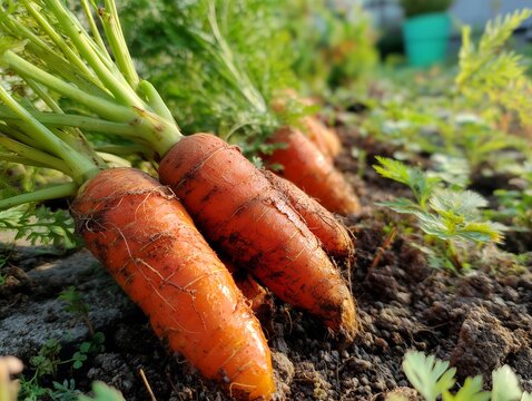 土から掘り出されたばかりの人参が畑で並ぶ生命力あふれる収穫直後の農業風景