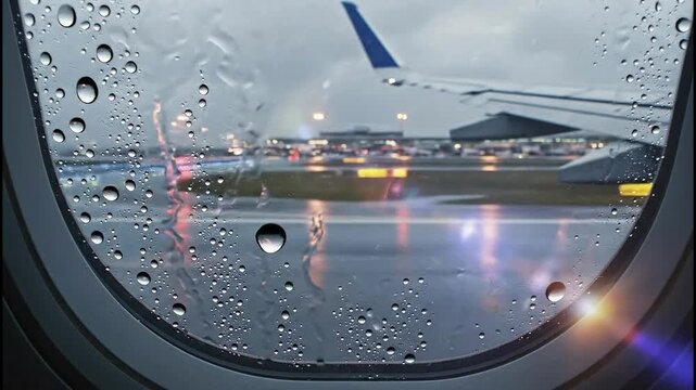 Heavy rain on airplane window at airport waiting for takeoff or landing