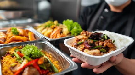 Quality Check: Food Production Worker Inspecting Packaged Meals in Commercial Kitchen under Harsh Daylight, Overhead View with Tilt-shift Effect and Flat Lay Composition