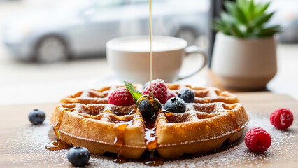 Delicious golden waffle with fresh blueberries raspberries and maple syrup drizzle on wooden surface near coffee cup