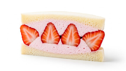 Japanese fruit sandwich with fresh strawberry halves and pink cream filling between white bread slices on clean surface