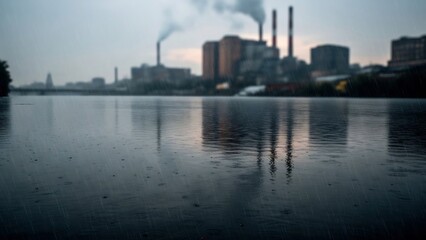 Naklejka premium Industrial landscape with factories and water reflection under a cloudy sky, pollution concept.