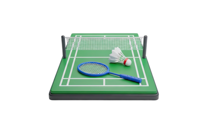 Badminton court with racket and shuttlecock