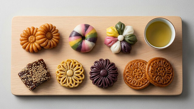 Traditional korean dessert assortment on wooden tray with green tea cup yakgwa songpyeon and dasik for festive holiday