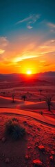 Fototapeta premium Desert plateau bathed in sunset orange glow, stark contrast with blue sky and arid land, evening, landscape