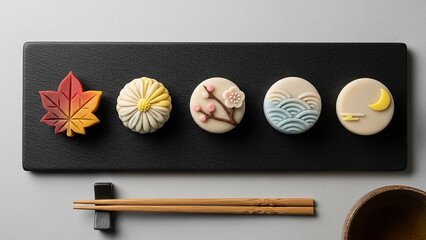 Traditional japanese wagashi sweets on black plate with chopsticks featuring seasonal motifs like maple leaf and moon