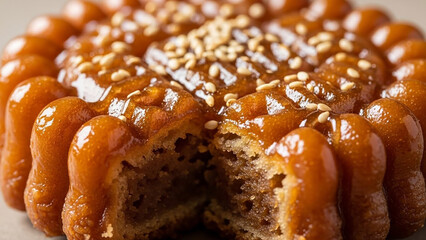 Close up of yakgwa korean traditional honey cookies topped with sesame seeds showing moist internal texture and glaze