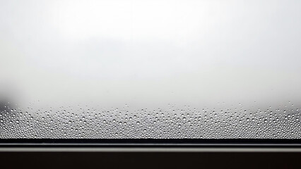 A close-up view of a windowpane covered with condensation, showcasing water droplets on a glass surface in a blurred background.