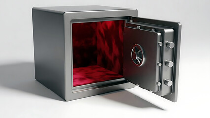 A silver safe with its door open revealing a red interior and a combination lock on the inside of the door