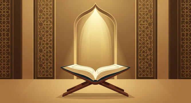 Open Holy Quran Vector Illustration with Elegant Golden Background