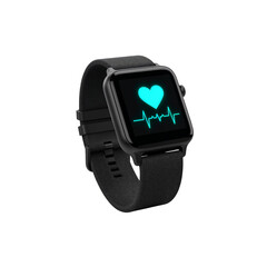 Fototapeta premium Modern smartwatch displaying heart rate monitoring with glowing cyan heart icon transparent background