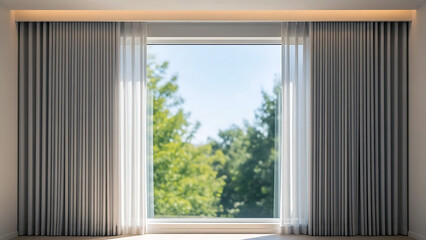 View of trees outside a window with open curtains in a serene indoor setting