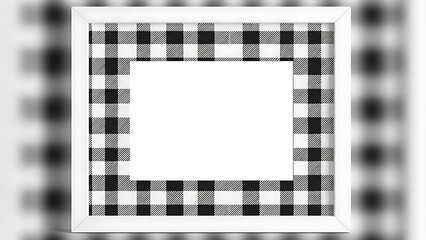 A white rectangular frame with a black and white checkered border is centered on a blurred background