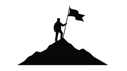 A figure stands proudly atop a hill waving a flag silhouette © Sogir