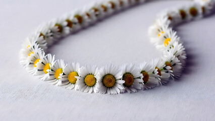 A floral wreath made of daisies is lying on a white surface viewed from above