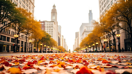 Autumn Leaves Covering City Street with Tall Buildings and Trees