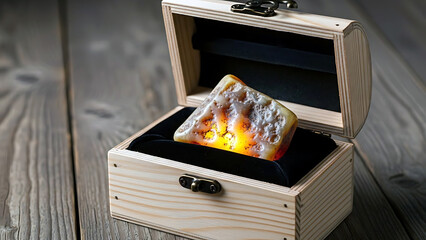 A golden treasure glimmers inside a wooden box on a rustic tabletop