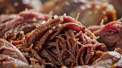 Closeup view of succulent shredded meat being generously drizzled with a rich savory sauce enhancing its flavor and preparing it for a delicious meal showcasing culinary expertise and appetizing pres.