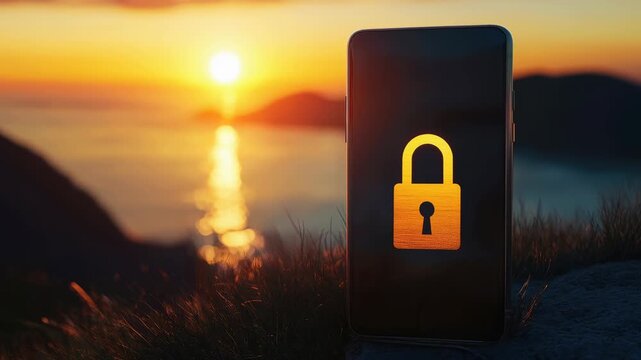 Smartphone lock icon sunset security privacy technology outdoor grass silhouette glowing screen and reflection create peaceful secure mood