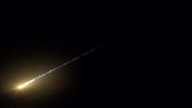 Animated fast meteor with a bright glowing head and thin trailing light streak moving diagonally across a dark background, ideal for cinematic visual effects, space scenes, and motion graphics overlay