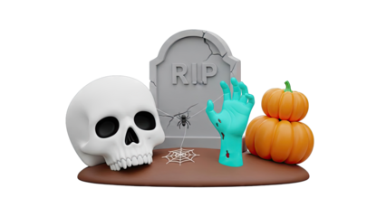 Halloween Scene with Skull, Tombstone, Zombie Hand, and Pumpkins