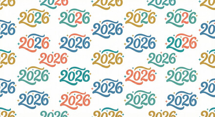 Seamless pattern of repeating &ldquo;2026&rdquo; typography, modern hand lettering style