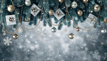 Christmas tree branches with ornaments and gifts on snowy background