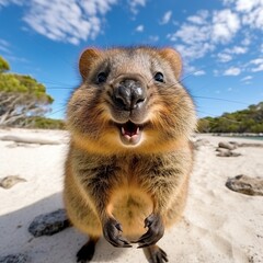 Obraz premium Adorably Close-Up Quokka Grinning at the Camera on a Bright Beach Landscape