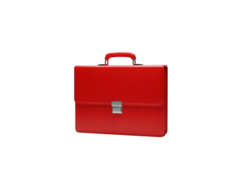 Red leather briefcase with handle and lock, isolated on transparent background