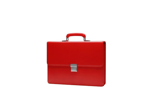 Red leather briefcase with handle and lock, isolated on transparent background