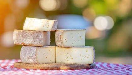 Stacked Cheese Slices on Wooden Board Outdoor Setting